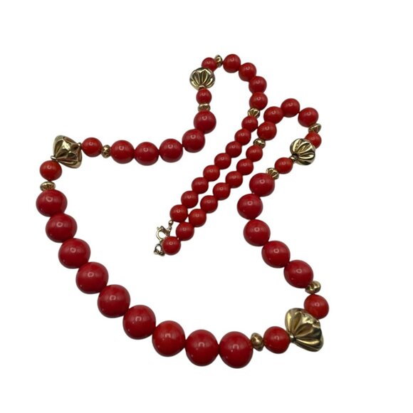 **Beaded Necklace Textured Gold Tone And Red Beads 30" - Picture 4 of 7